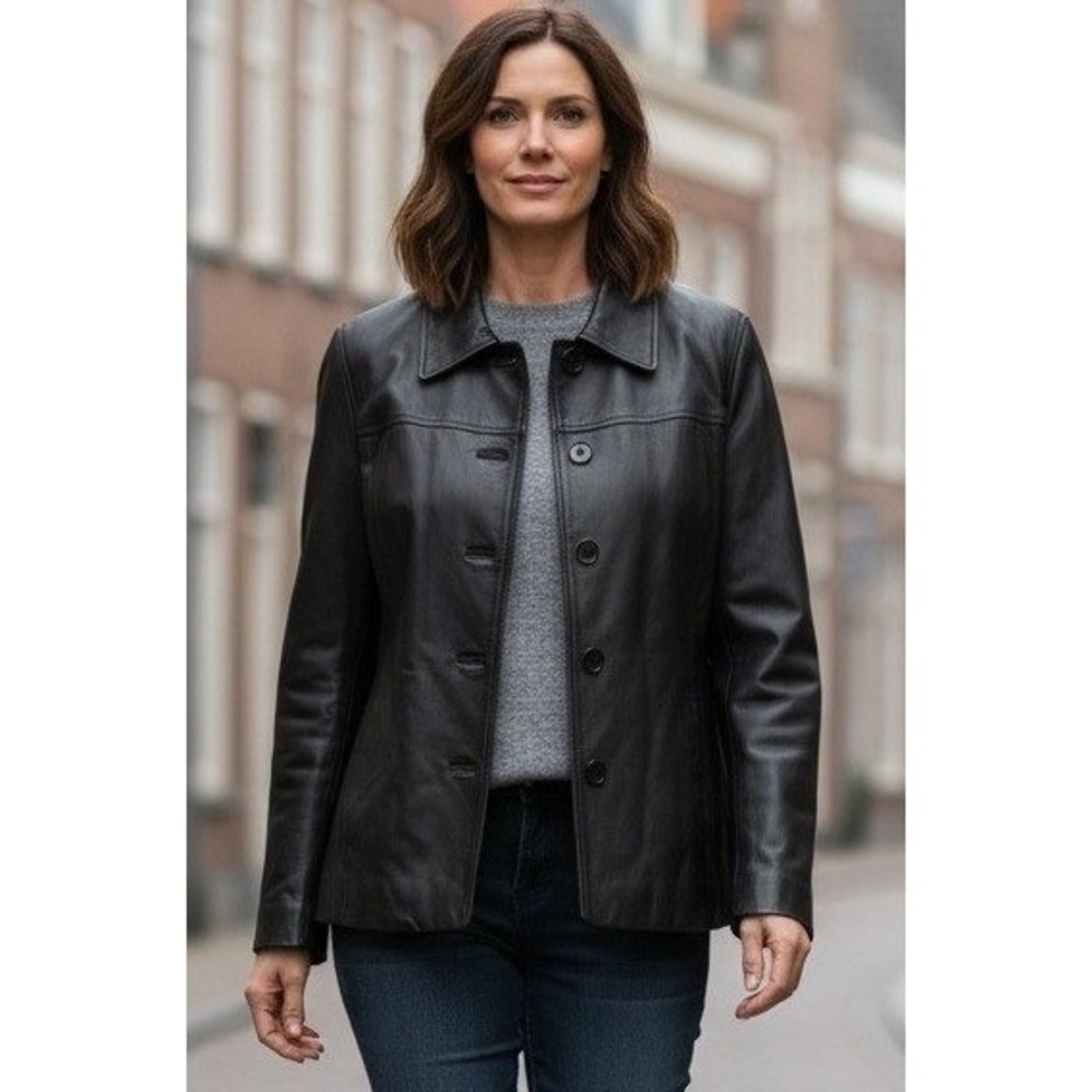 JL Colebrook Jacket Womens Medium Genuine Leather Black Soft Button Pockets Boho